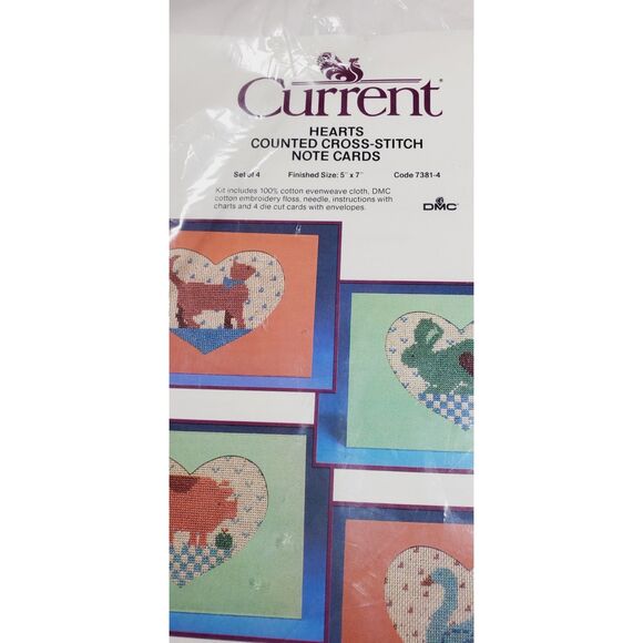 New Vtg Current Hearts Counted Cross Stitch Note Card Kit Set Of 4 5 X 7 1986 - Picture 3 of 6